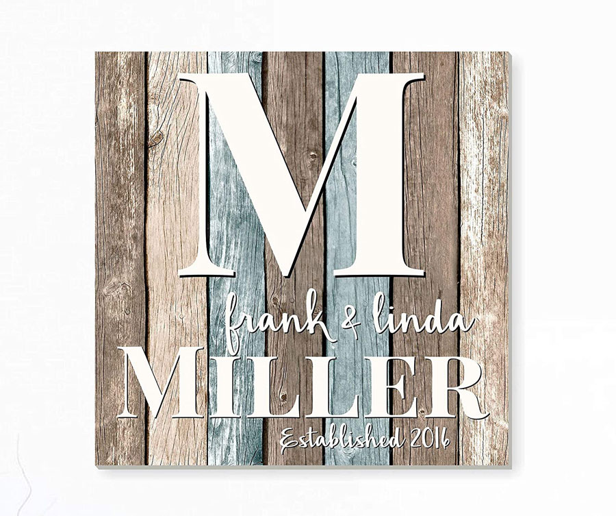 Personalized Printed Wood Family Name Sign With Established Date And Monogram 16x16