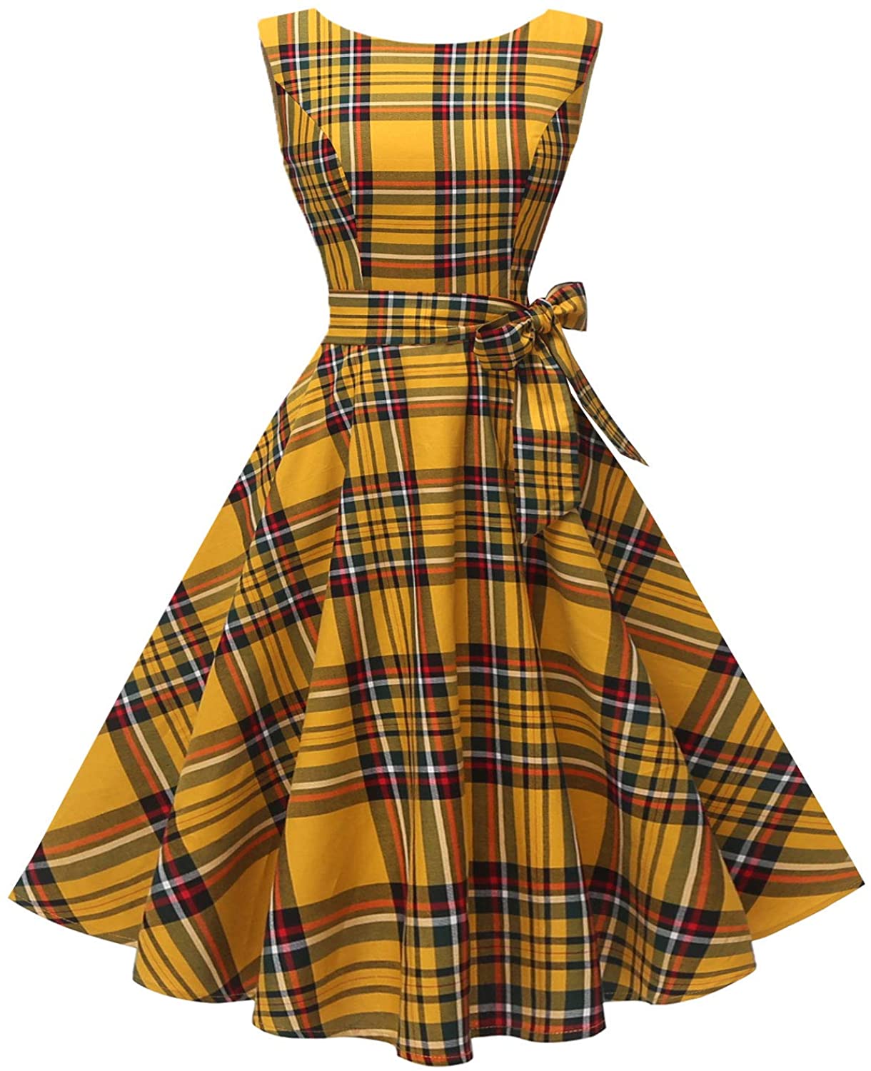 Hanpceirs Women's Boatneck Sleeveless Swing Vintage 1950s Cocktail Dress Goldplaid XS