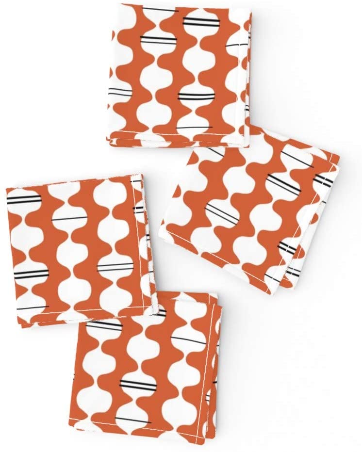 Roostery Cloth Cocktail Napkins, Midcentury Wavy Mid Century Modern Orange Coral Stripe Print, Cotton Sateen Cocktail Napkins, 10in x 10in, Set of 4