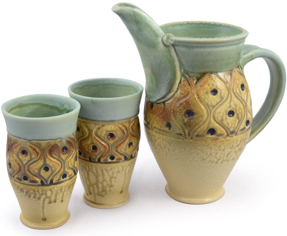 American Made Stoneware Pottery Pitcher + Tumbler Set with Diamond Tuft Pattern