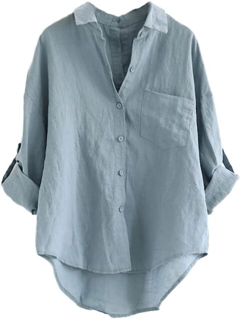Minibee Women\\\'s Linen Blouse High Low Shirt Roll-Up Sleeve Tops