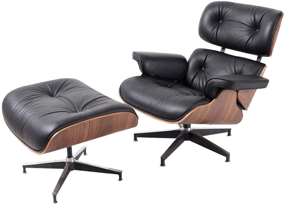 DERCASS Full Genuine Leather Mid Century Style Recliner Lounge Chair & Ottoman Set with Moulded Wood Veneers & Aluminum Base Support for Living Room (Black Leather& Walnut)