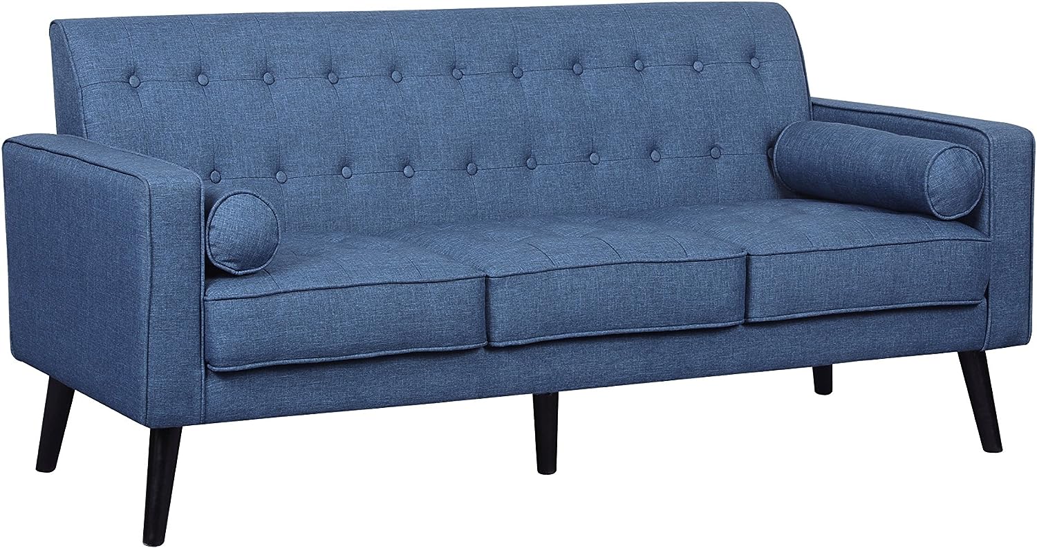 Container Furniture Direct Valadez Linen Upholstered Tufted Mid-Century Modern Loveseat with Bolsters, Ocean Blue