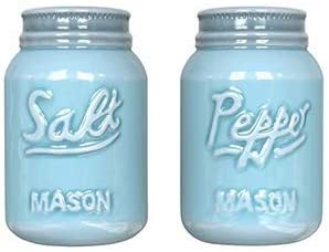 Vintage Mason Jar Salt & Pepper Shakers by Comfify - Adorable Decorative Mason Jar Decor for Vintage, Rustic, Shabby Chic - Sturdy Ceramic in Aqua Blue