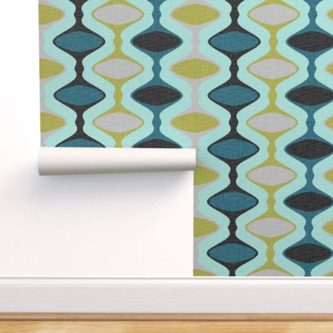 Spoonflower Peel and Stick Removable Wallpaper, Mid Century Modern, Ogee, 1960S, Stripe, Teal, Olive, Aqua, Retro, Vintage Print, Self-Adhesive Wallpaper 24in x 108in Roll