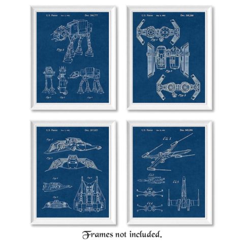 Vintage Star Vessels Navy Blue Patent Poster Prints, Set of 4 Photos (8x10) Unframed, Great Wall Art Decor Gifts Under 20 for Home, Office, Garage, Man Cave, Comic-Con, Sci Fi Wars & Movies Fan