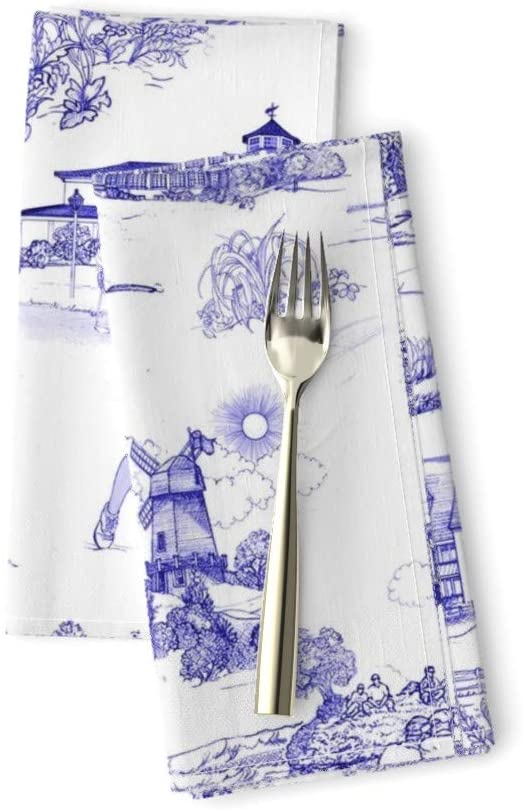 Roostery Hamptons Luxe Cotton Sateen Dinner Napkins Golf- Original Golf Course Toile Blue China White Historical Print Mcsparrandesign by Mcsparrandesign Set of 2 Dinner Napkins