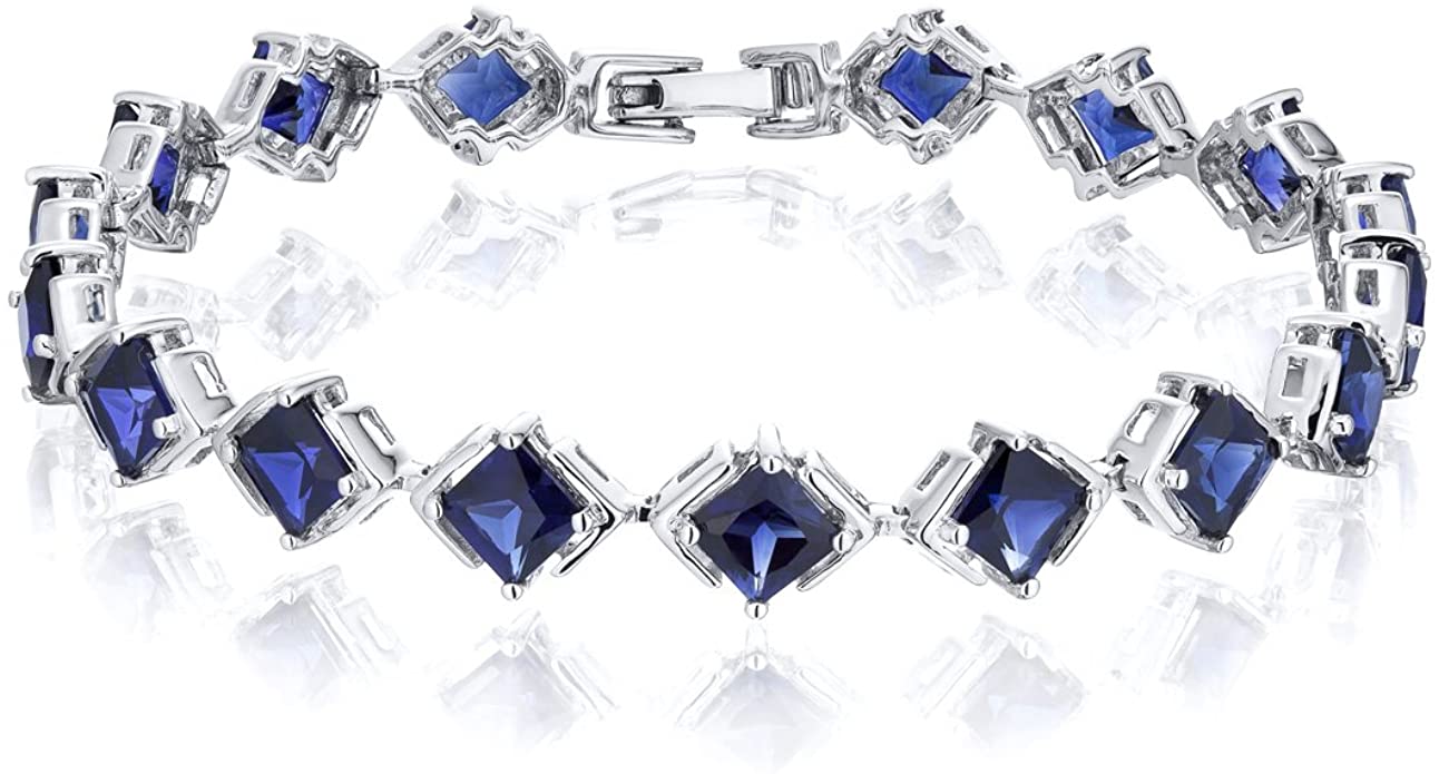 Peora Created Blue Sapphire Tennis Bracelet for Women 925 Sterling Silver, 12 Carats total 16 Pieces Princess Cut, 7 1/4 inch length
