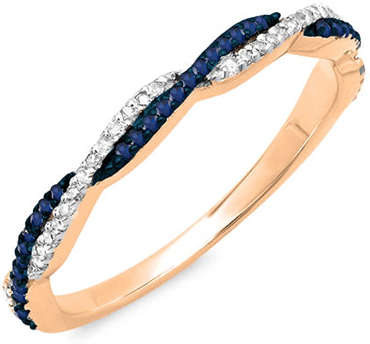 Dazzlingrock Collection 14K Gold Round Blue Sapphire & White Diamond Ladies Anniversary Wedding Band Swirl Stackable Ring