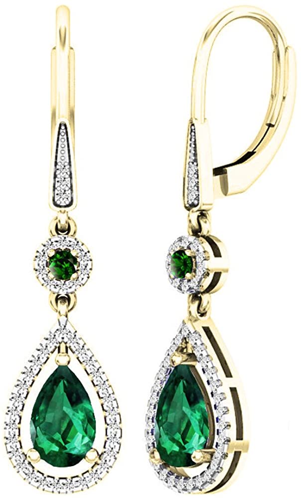 Dazzlingrock Collection 10K 8X5 MM Each Lab Created Round & Pear Emerald & Round Diamond Teardrop Dangling Earrings, Yellow Gold