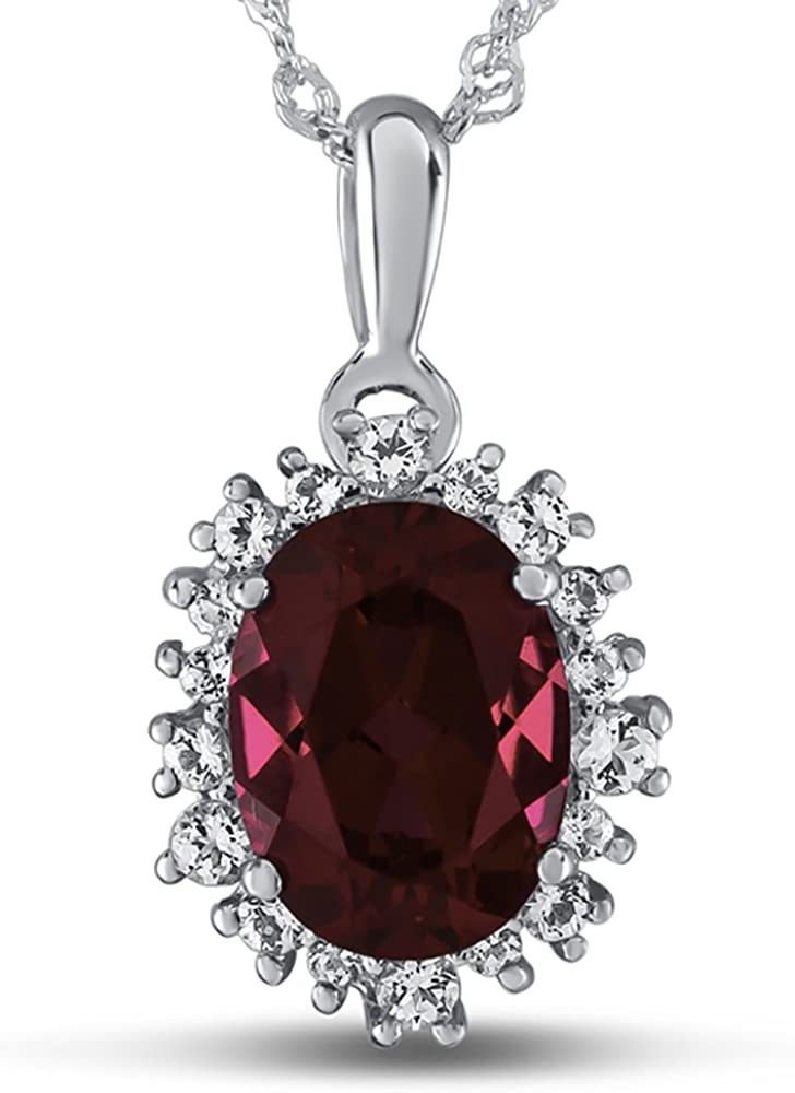 Finejewelers 10k White Gold Oval Created Ruby with White Topaz accent stones Halo Pendant Necklace