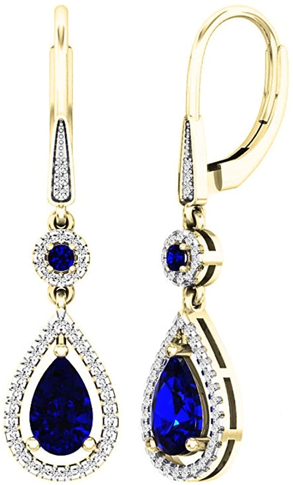 Dazzlingrock Collection 10K 8X5 MM Each Lab Created Round & Pear Blue Sapphire & Round Diamond Teardrop Dangling Earrings, Yellow Gold