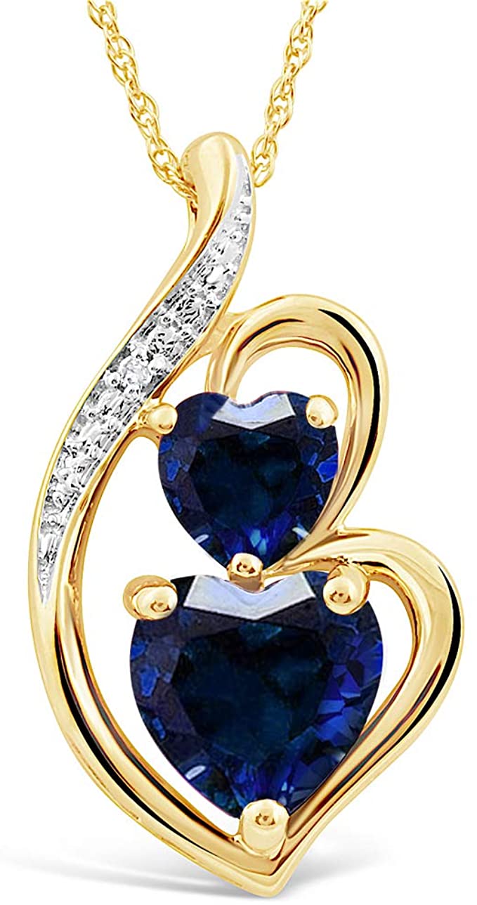 Lab Created Blue Sapphire Necklace Heart in 10k Yellow Gold with Diamond Accent - 18 Inch Rope Chain
