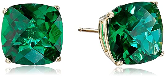 Amazon Collection 14k Yellow Gold 8mm Cushion Cut May Birthstone Created Emerald Stud Earrings for Women