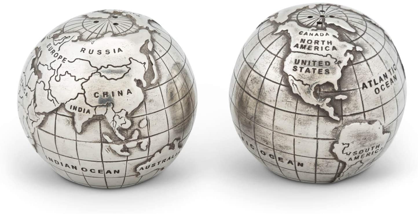 Vagabond House Pewter World Globe Salt and Pepper Shaker Set S/P Shaker 2.5 inch Diameter