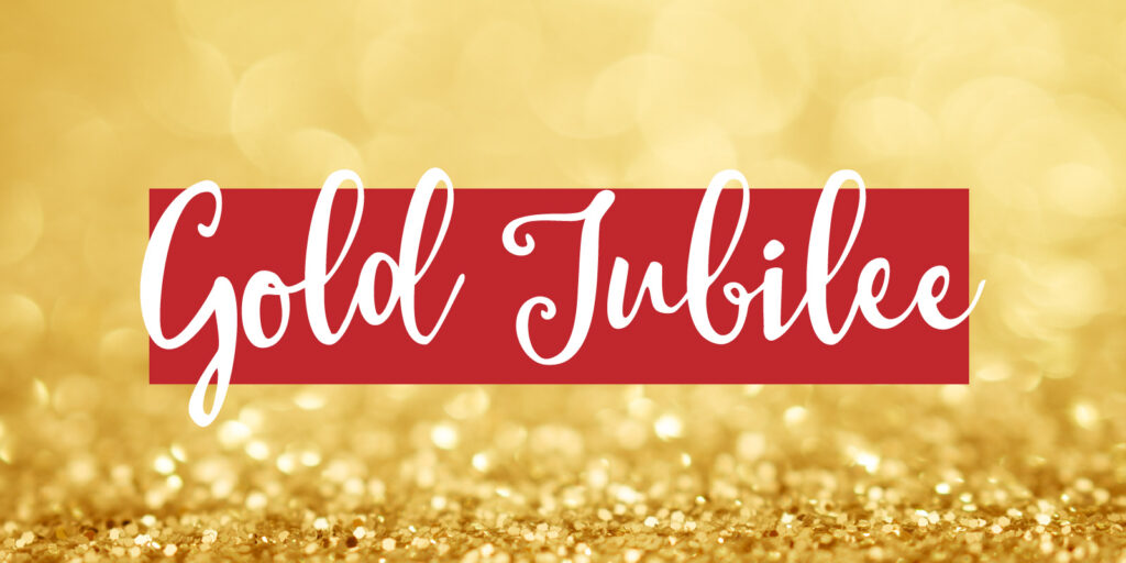 Depth of field image of gold sparkles with a text overlay that read "Gold Jubilee"