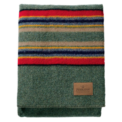 Pendleton Yakima Camp Thick Warm Wool Indoor Outdoor Striped Throw Blanket, Green Heather, Twin Size