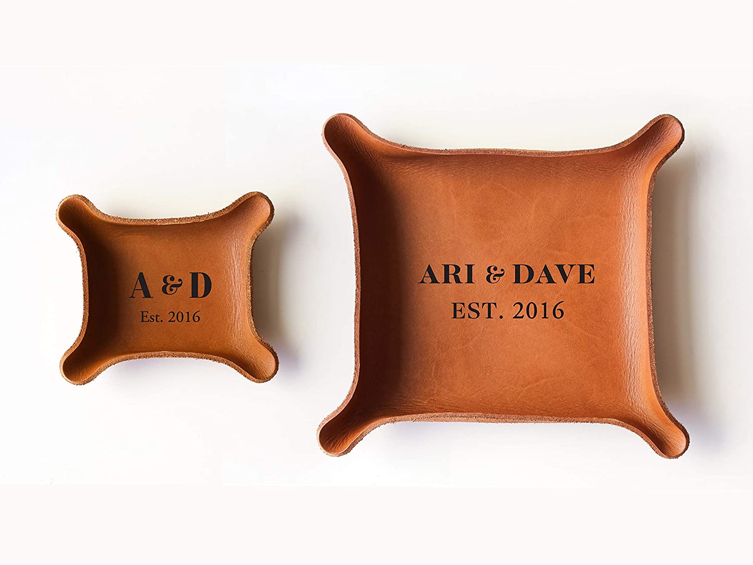 3rd Personalized Leather Tray with Initials & Wedding Year (Small + Large Tray Set, Brown)