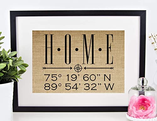 Personalized Housewarming Gifts for New Home Decor, Homeowner, Wedding, Anniversary, Real Estate Closing, Latitude Longitude (8x10 or 11x14 Burlap Print)