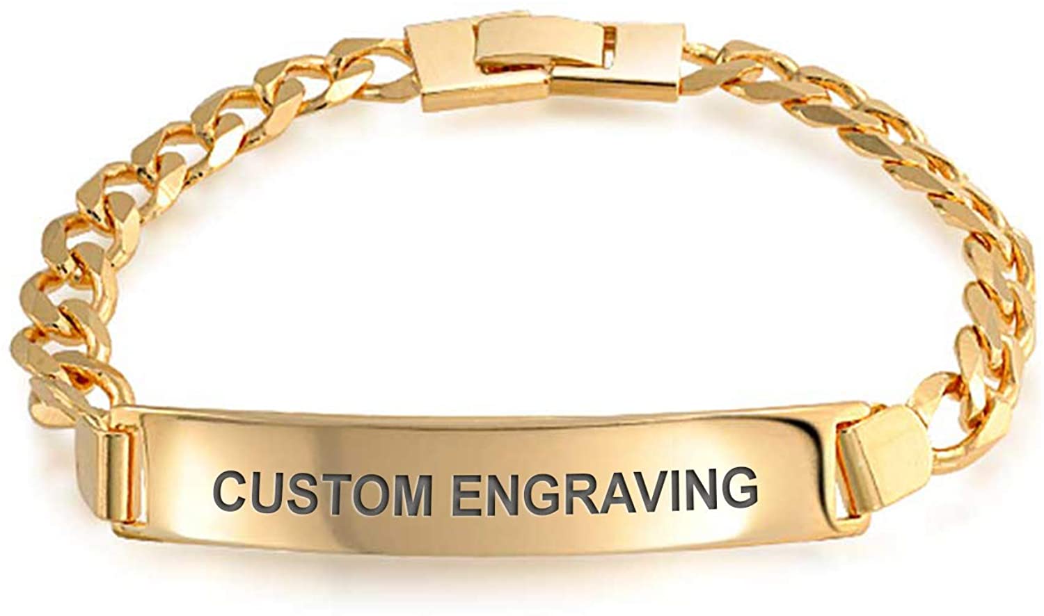 Bling Jewelry Personalized Cuban Curb Identification ID Bracelet for Men for Women 180 Gauge 18K Gold Plated Brass Custom Engraved
