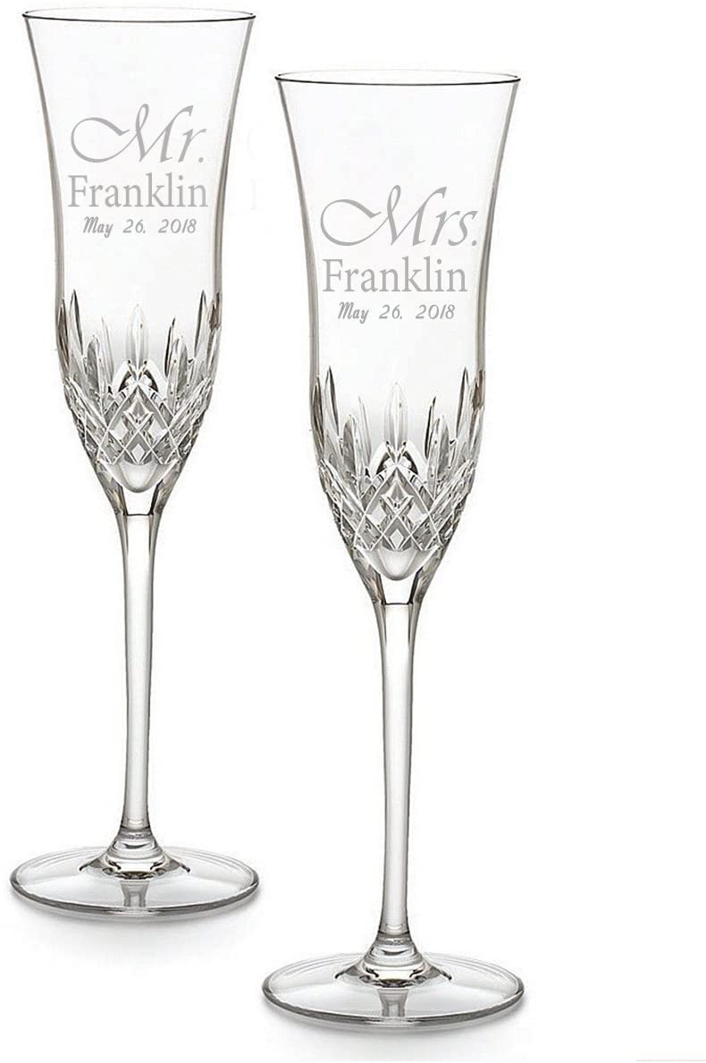 Waterford Lismore Essence Personalized Crystal Champagne Toasting Flutes, Set of 2 Custom Engraved Wedding Champagne Glasses, Gifts for Bride and Groom