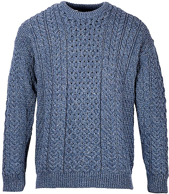 Men's Irish Traditional Aran Wool Pullover Sweater (X-Large, Denim)