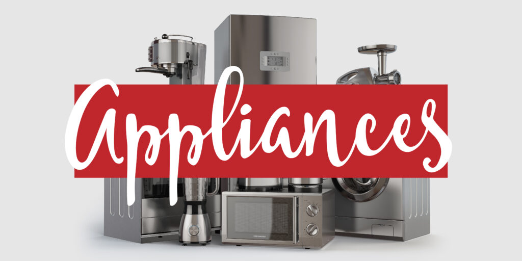 Several chrome kitchen appliances grouped together on an isolated background with a text overlay that reads "appliances'