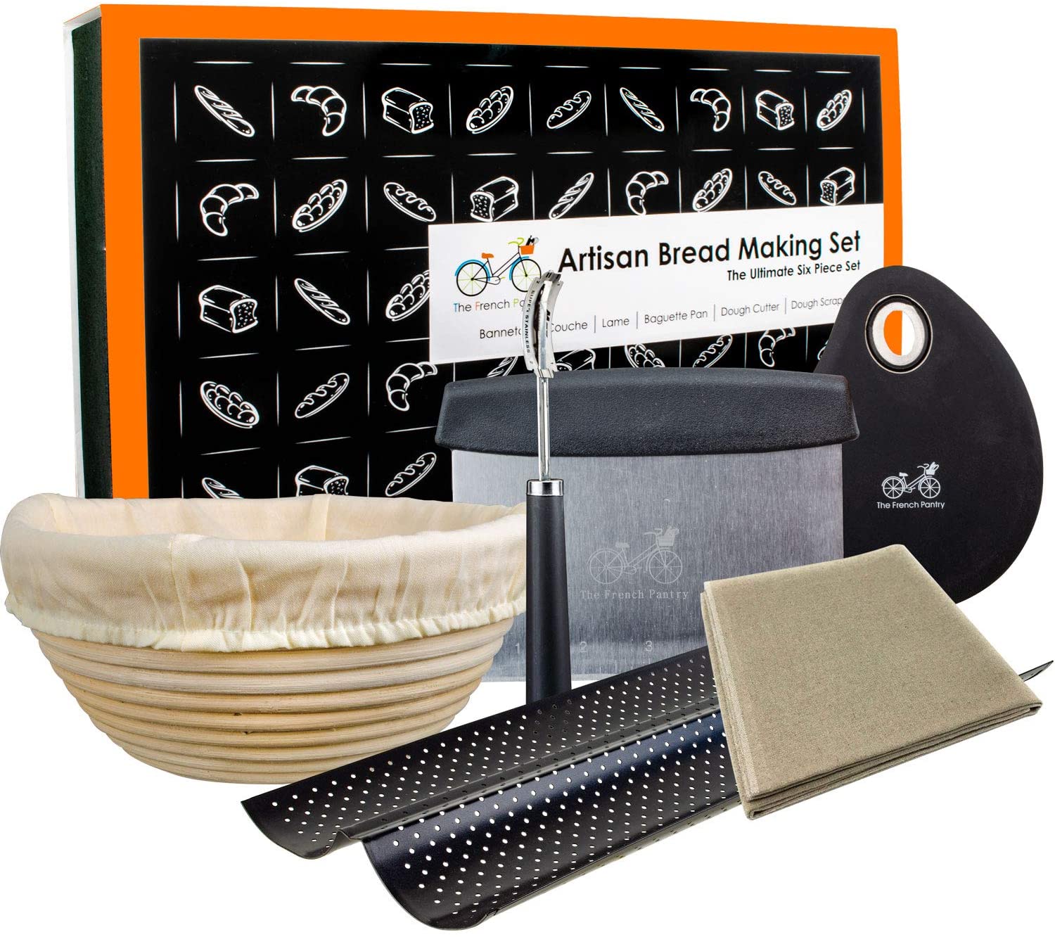 Bread Banneton Proofing Basket Artisan Baking Kit Gift Set | 9\" Banneton Bread Proofing Basket | 2 Baguette Baking Pan | Bread Lame | Flax Linen Couche | Dough Scraper | Dough Cutter