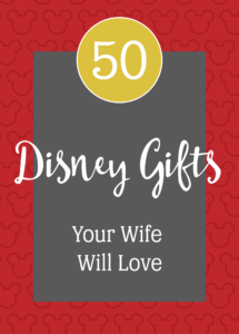 Mouse ear pattern on a red background with a white text overlay that reads "50 Disney Gifts Your Wife Will Love"
