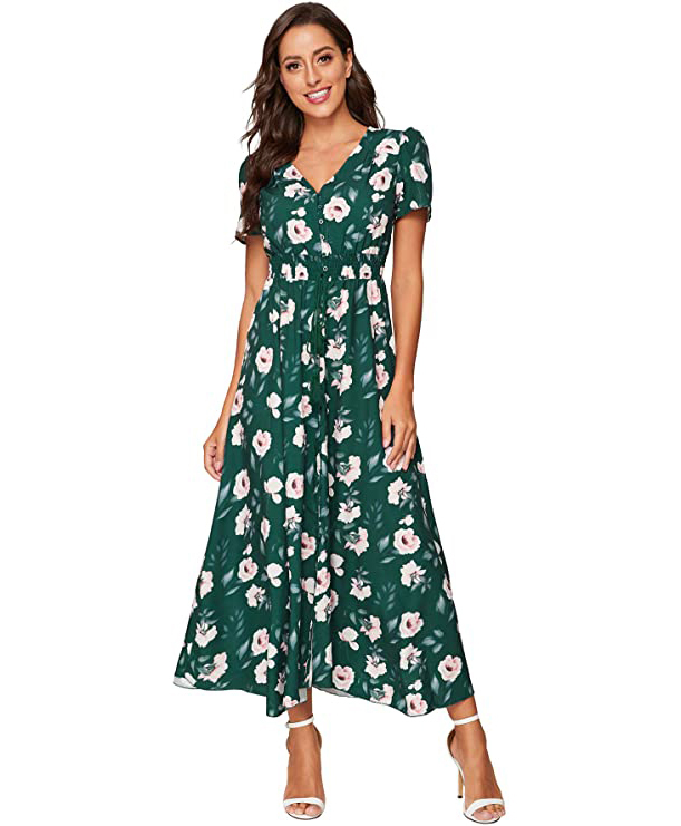 Milumia Women Button Up Floral Print Party Split Flowy Maxi Dress Green Floral X-Small