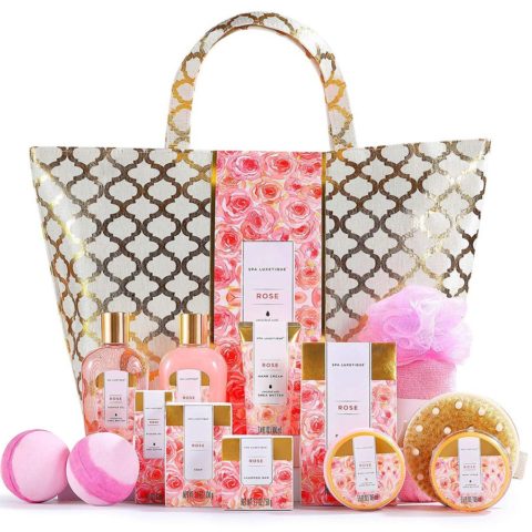 Spa Luxetique Spa Baskets for Women Gift, Gift Basket for Women, 15pcs Rose Spa Sets, Relaxing Home Spa Kit Includes Bath Oil, Bath Salt, Bubble Bath, Woman Gifts, Birthday Gifts for Women