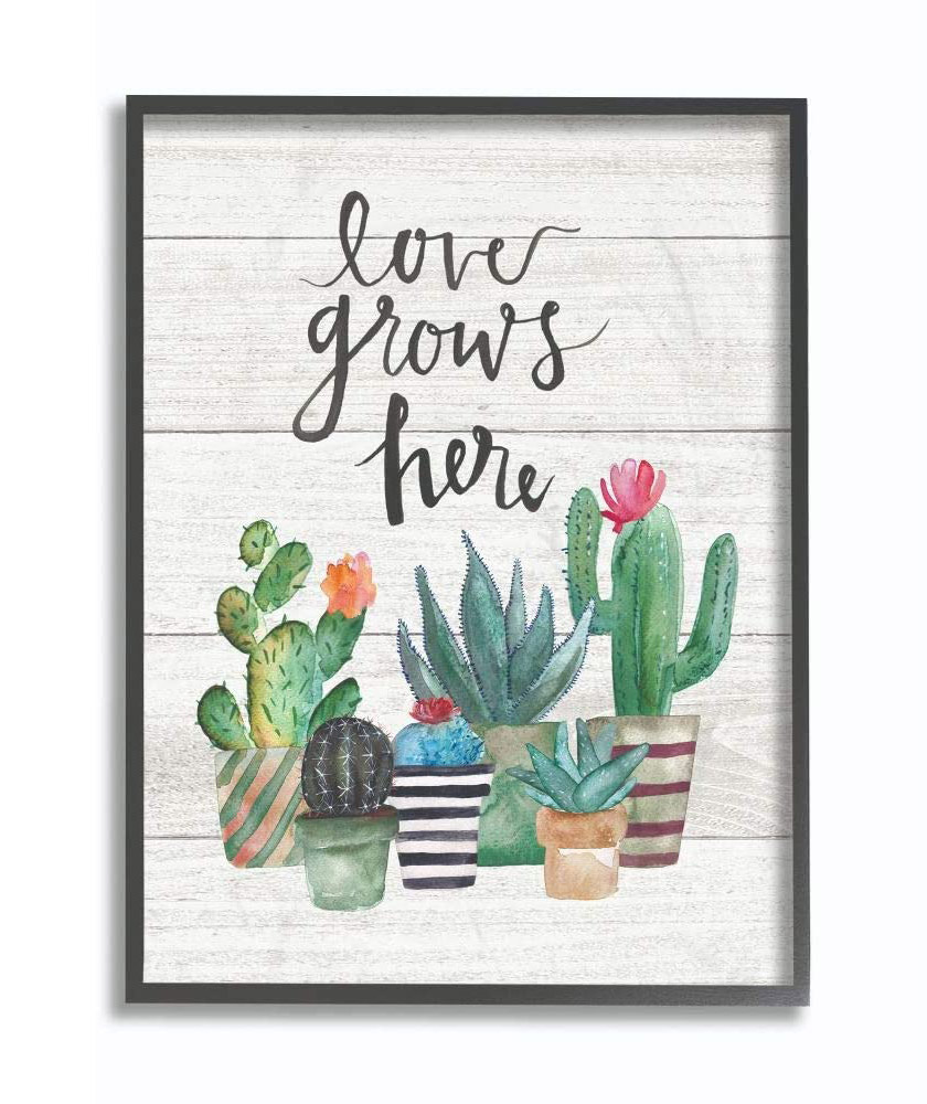Stupell Industries Love Grows Here Cactus Succulents Watercolor Black Framed Wall Art, 11 x 14, Design by Artist Jo Moulton