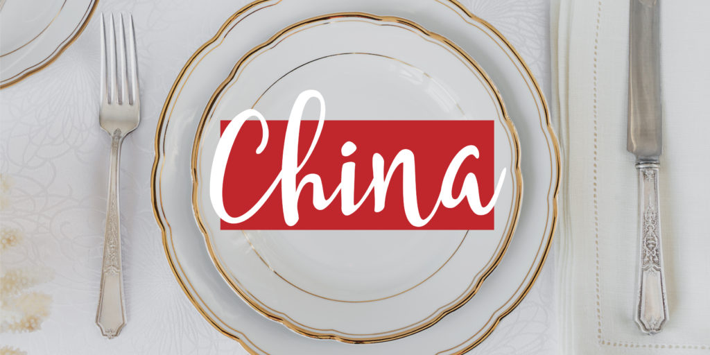 Top view image of a elegant place setting with text overlay that reads "china"