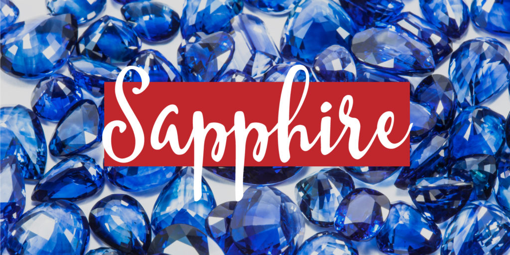 Detail image of cut sapphires with text overlay that reads 'Sapphire'