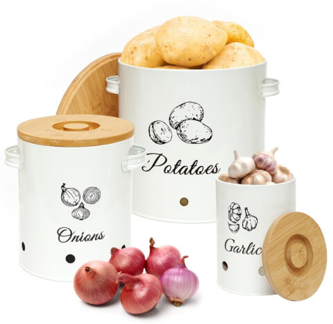 Holismo Potato Storage For Pantry, 3 Containers Kitchen Counter Organizer Countertop Onion and Potato Storage bin with Garlic Holder, Kitchen Canisters Vegetable Keeper with bamboo lid