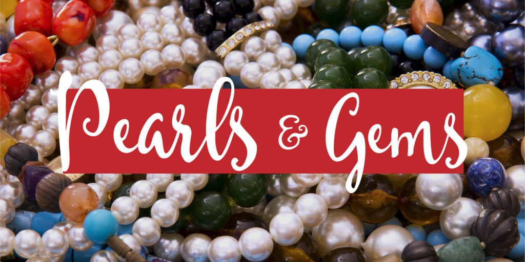 Close up image of various pearl and gemstone jewelry with a text overlay that reads 'pearls & gems'