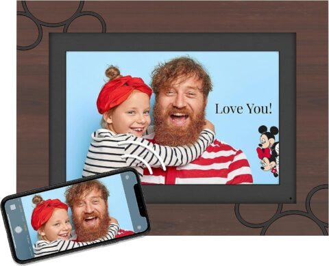 Disney Classic Mickey Mouse PhotoShare 10” Smart Digital Photo Frame, Send Pics from Phone to Frames, Wi-Fi, 8 GB, Holds 5,000+ Pics, HD Touchscreen, Premium Espresso Engraved Wood