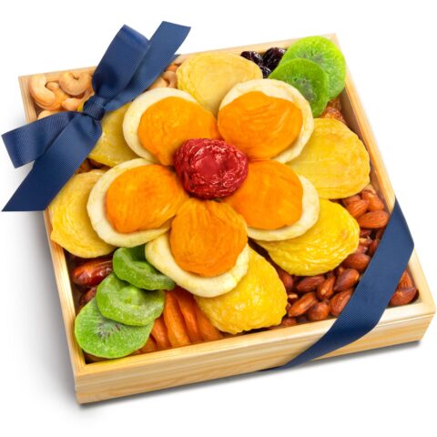 Blue Bow Gourmet Floral Dried Fruit & Nut Gift Tray for Family, Birthday, Thank You, Sympathy
