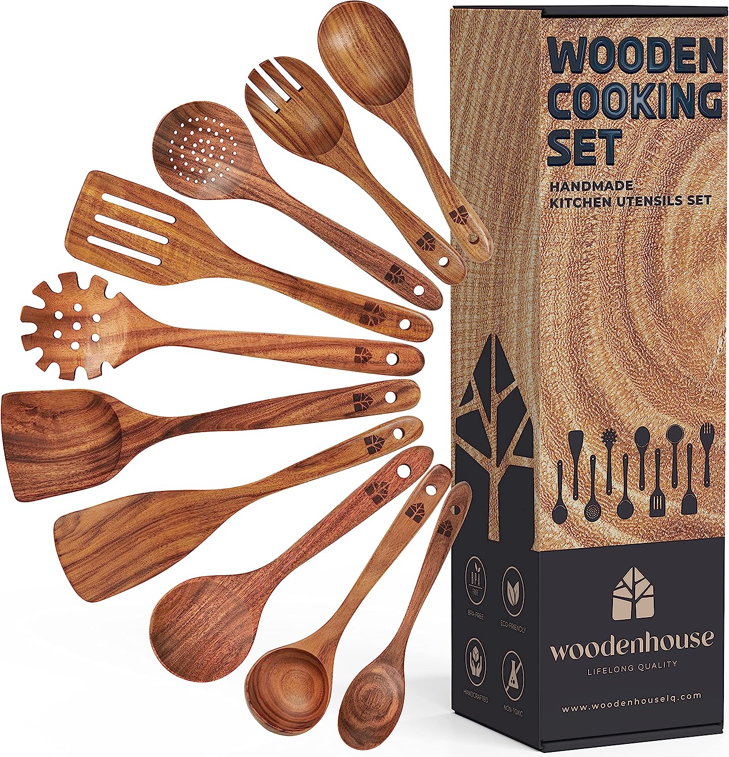 Wooden Spoons for Cooking, 10 Pcs Teak Wood Cooking Utensil Set - Wooden Kitchen Utensils for Nonstick Pans & Cookware - Sturdy, Lightweight & Heat Resistant