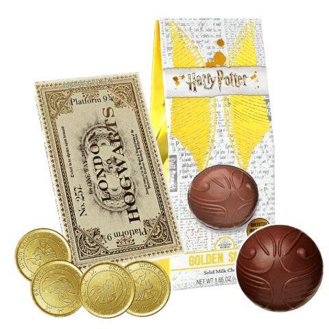 Harry Potter Candy Gift Assortment, Golden Snitch Melting Ball, London to Hogwarts Ticket, and Four Chocolate Coins, 6 Items Total
