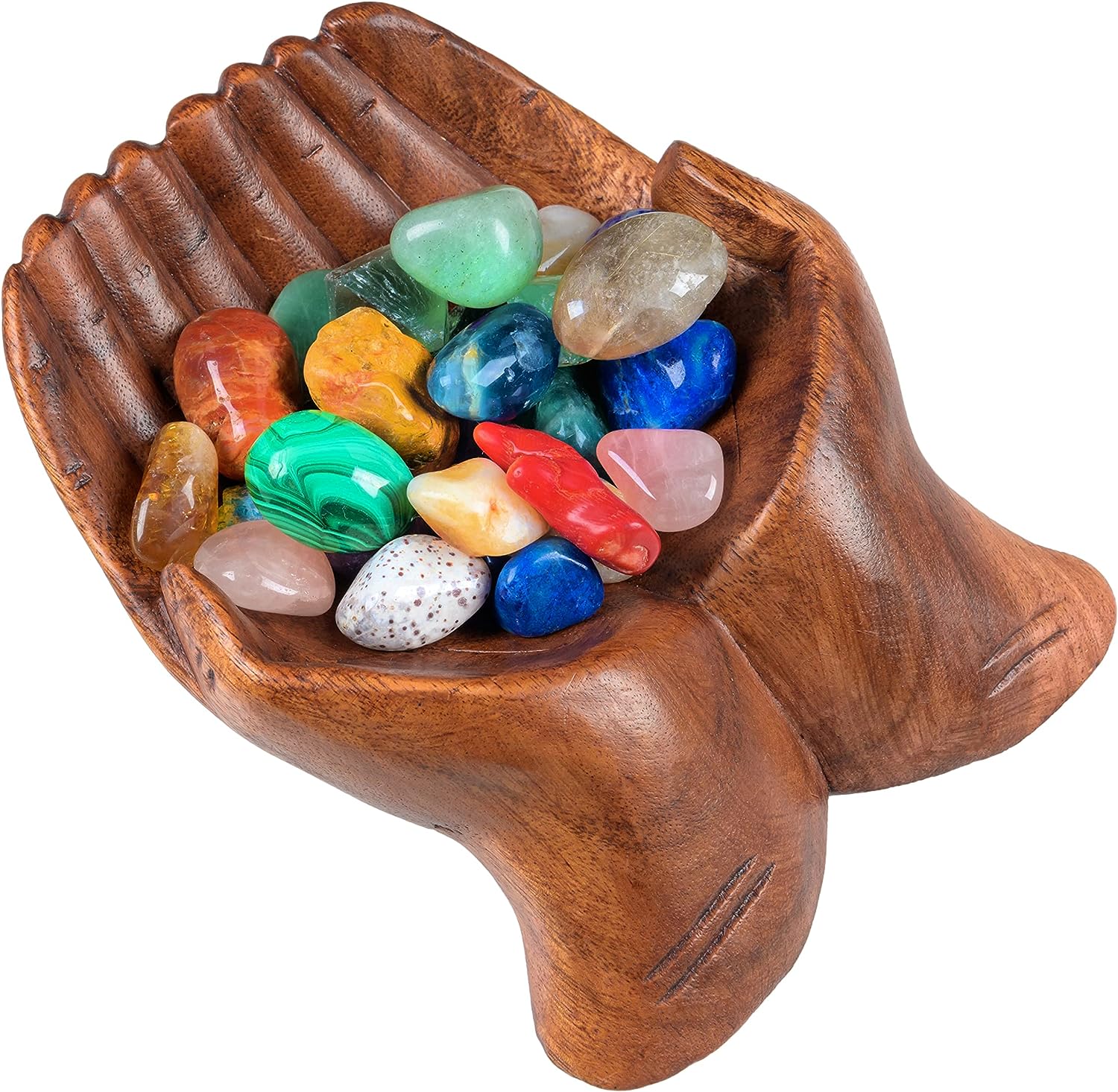 Curawood Carved Hands Offering Bowl - Showcase Your Healing Stones - Crystal Holder for Stones - Key Bowl - Crystal Storage Tray - Decorative Hand Bowl for Rock Display - Crystal Shelf Display Stand