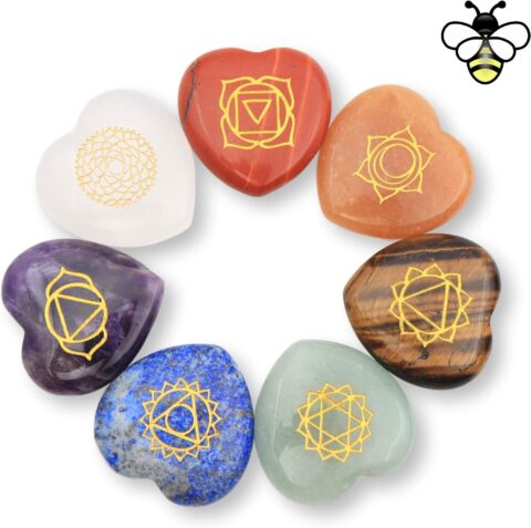 NatureWonders All Natural 7 Chakra Stone Set (Heart-Shaped) with Engraved Symbols (Gift Box, Information Brochure & Pouch) - Healing Crystals, Balancing, Tumbled Palm Stone, Touchstone, Meditation