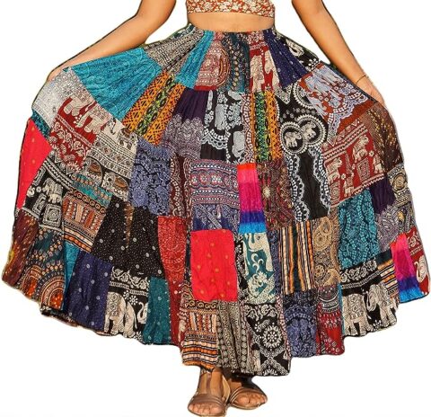 ThaiOnline4u Patchwork Skirt Long Boho Colorful Unique Gypsy Tiered Maxi Full Flared Rayon, Multicoloured, Large