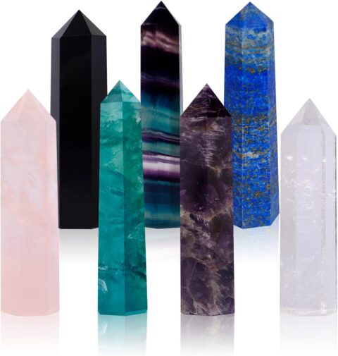 Crystal Wands | 3" Healing Amethyst, Rose Quartz,Clear Quartz,Black Obsidian,Green Fluorite, Lapis Lazuli,Rainbow Fluorite| 6 Faceted Reiki Chakra Meditation Therapy,7 PCS