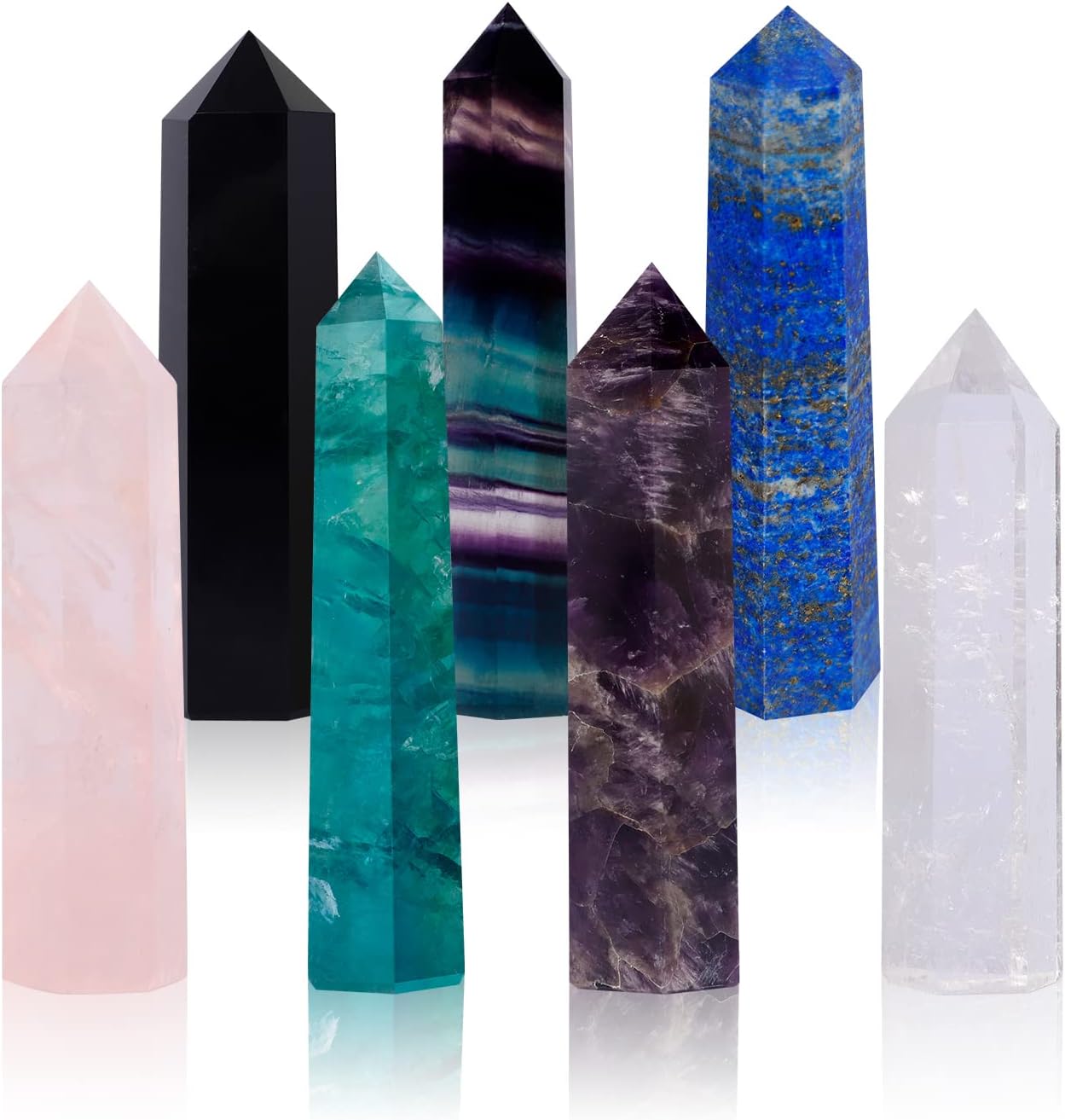 Crystal Wands | 3\" Healing Amethyst, Rose Quartz,Clear Quartz,Black Obsidian,Green Fluorite, Lapis Lazuli,Rainbow Fluorite| 6 Faceted Reiki Chakra Meditation Therapy,7 PCS