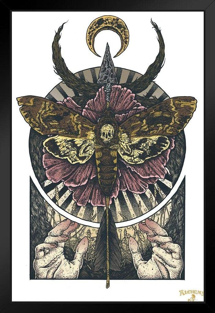 Alchemy Flight of Achlys Death Head Moth Spooky Witchy Room Decor Gothic Decor Goth Room Decor Witchcraft Horror Wiccan Occult Decorations Black Wood Framed Poster 14x20