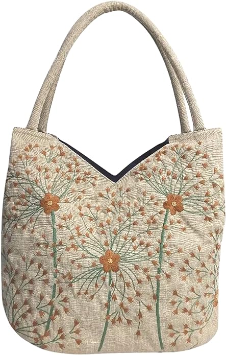 HCRAFT Embroidered Handbags for Women, Large Dandelion Shoulder Tote Bag with Zipper,13.8x6.3x14.5 Fabric Tote Bag, Hobo Bags For Women, Mother\'s Day Bag, Tote Bag Aesthetic with Inner Pocket