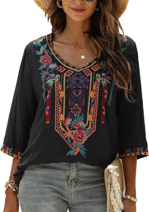 Grosy Bohemian Embroidered Tops for Women, Hippie Clothes, Mexican Peasant Blouses, Traditional Boho Clothing Tunic Shirts (Medium, Black-4)