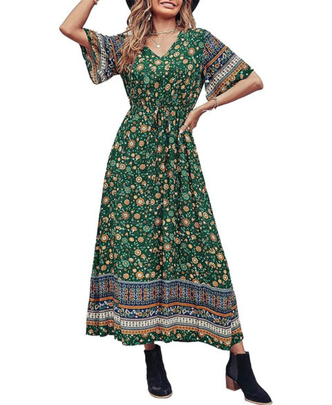PRETTYGARDEN Women\\\'s Casual Summer Boho Floral Print Dress V Neck Short Sleeve High Waist Long Maxi Beach Dresses (Dark Green Floral,Medium)