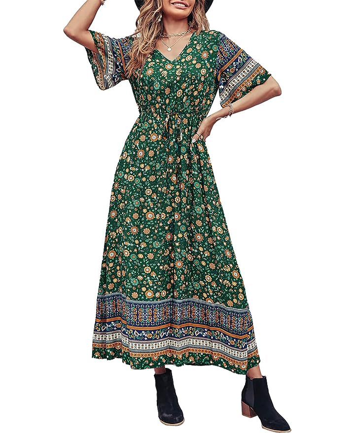 PRETTYGARDEN Women\\\\\\\'s Casual Summer Boho Floral Print Dress V Neck Short Sleeve High Waist Long Maxi Beach Dresses (Dark Green Floral,Medium)